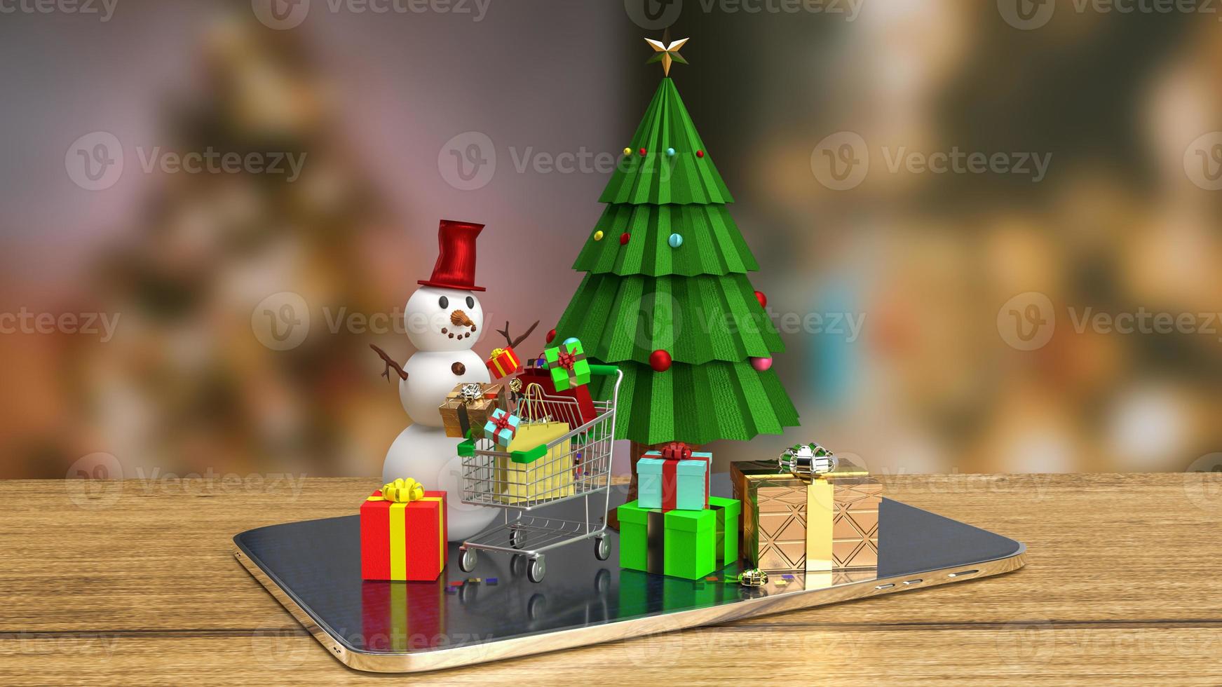 de Kerstmis boom en sneeuw Mens Aan tablet voor reclame concept 3d renderen foto