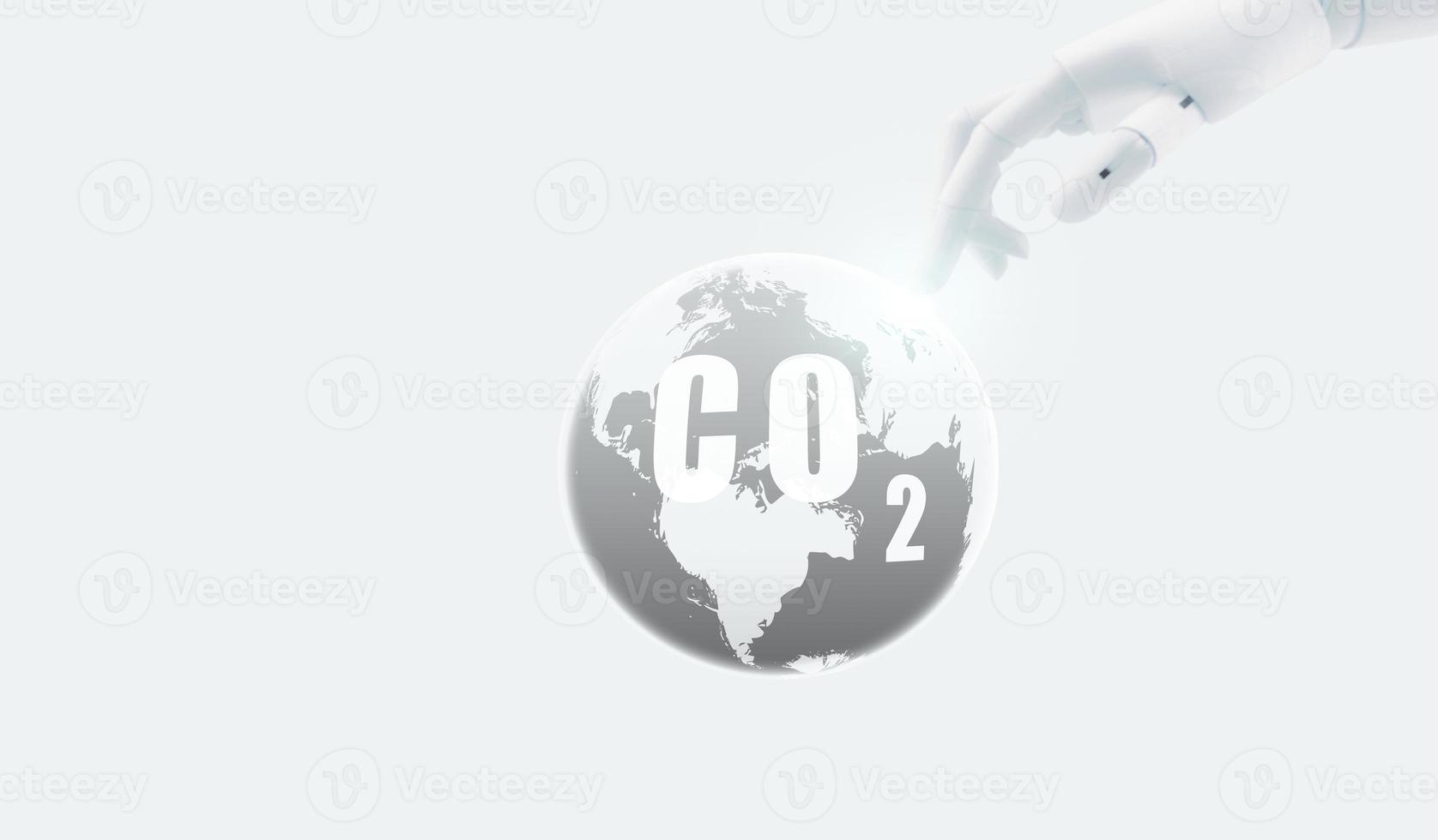 co2 vastleggen concept. robot hand- tintje koolstof dioxide Aan wereldbol kaart. koolstof vastleggen technologie. kas gas. kunstmatig intelligentie- technologie helpen verminderen co2. ai en milieu bescherming. foto