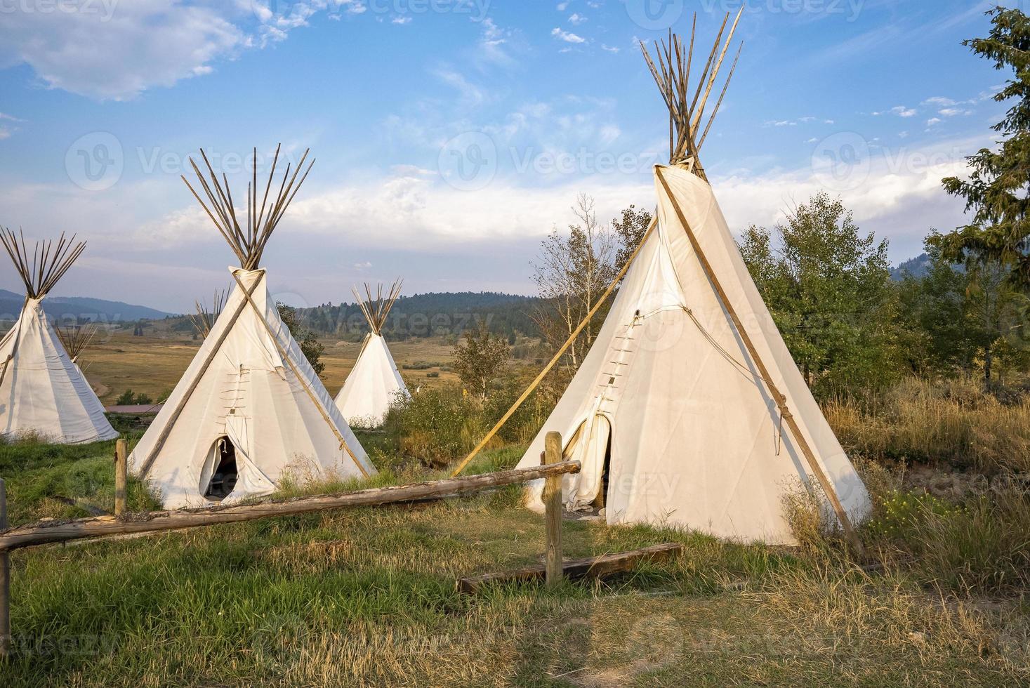 tipi's Aan veld- tegen bomen met blauw lucht in achtergrond Aan zonnig dag foto