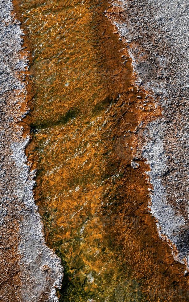 hoog hoek detailopname van stroom vloeiende Aan geothermisch landschap Bij park foto