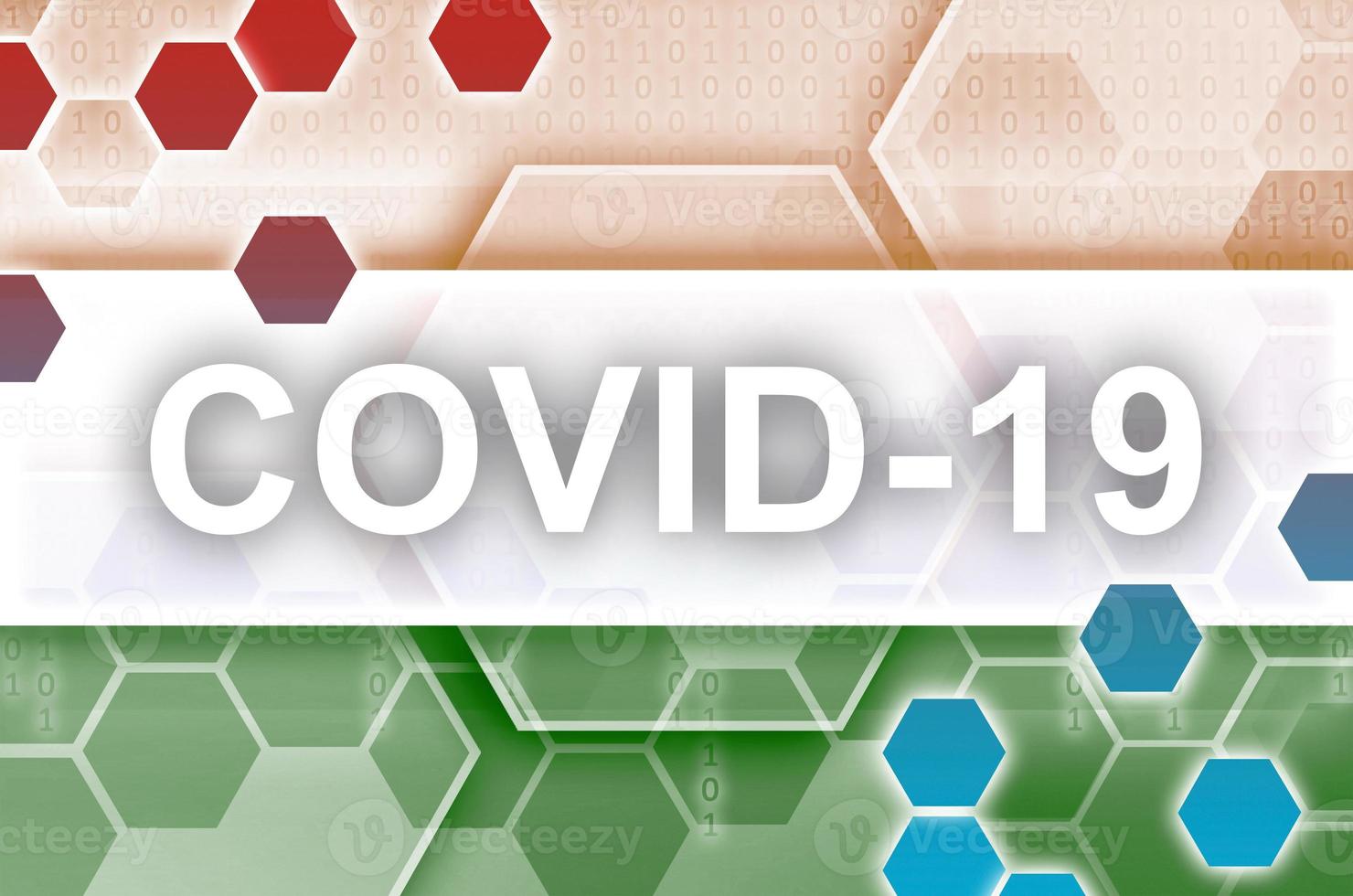 Indië vlag en futuristische digitaal abstract samenstelling met covid-19 inscriptie. coronavirus het uitbreken concept foto