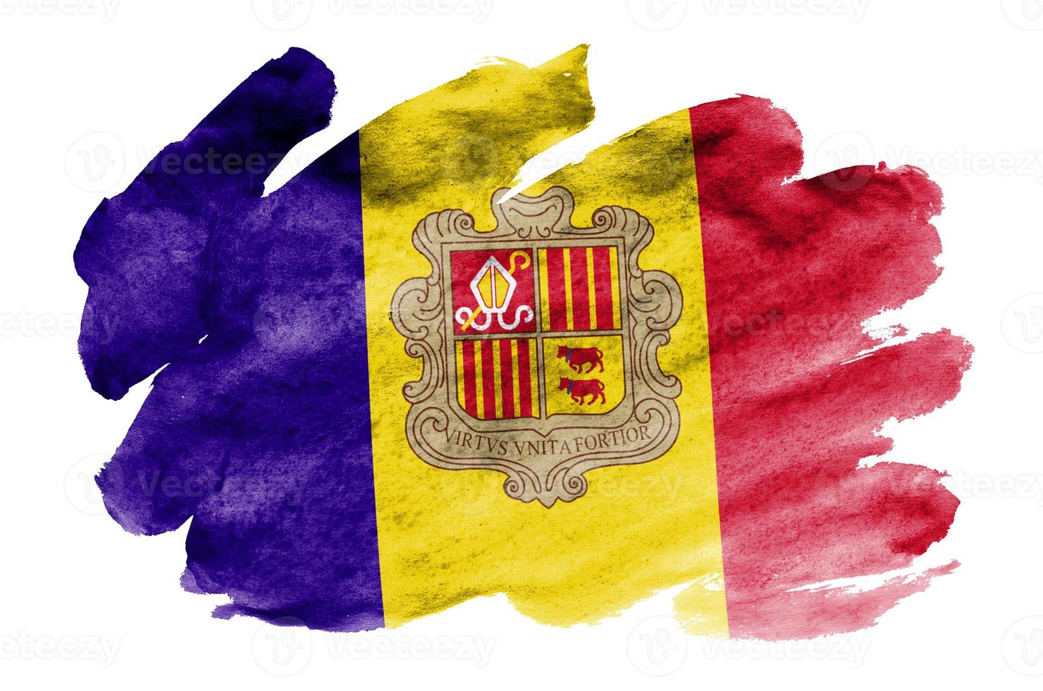 Andorra vlag is afgebeeld in vloeistof waterverf stijl geïsoleerd Aan wit achtergrond foto