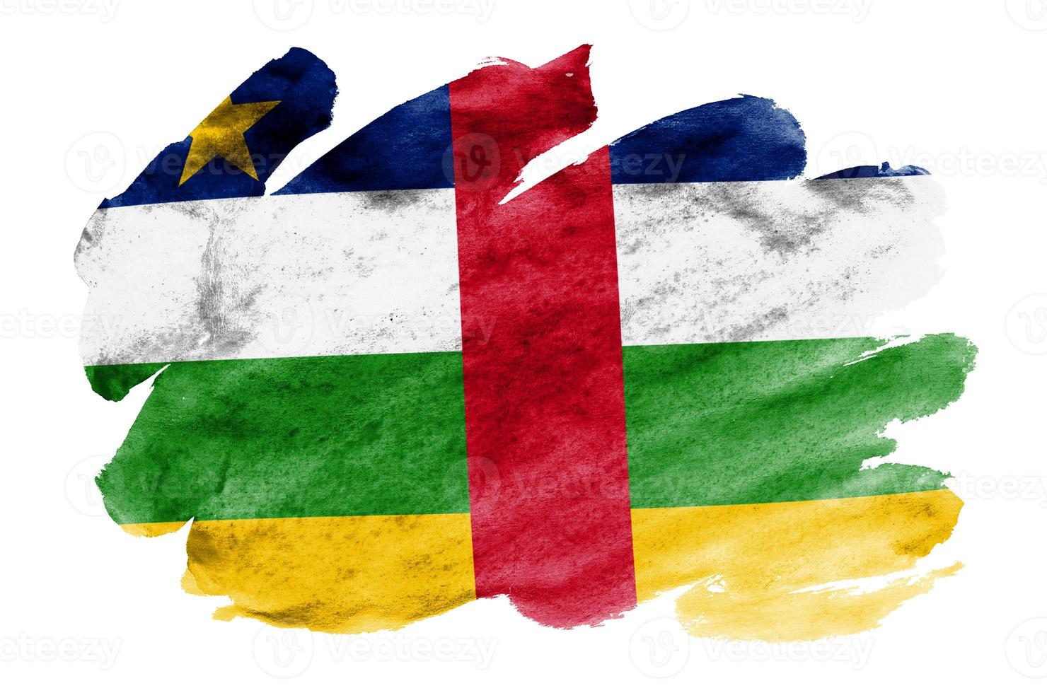 centraal Afrikaanse republiek vlag is afgebeeld in vloeistof waterverf stijl geïsoleerd Aan wit achtergrond foto