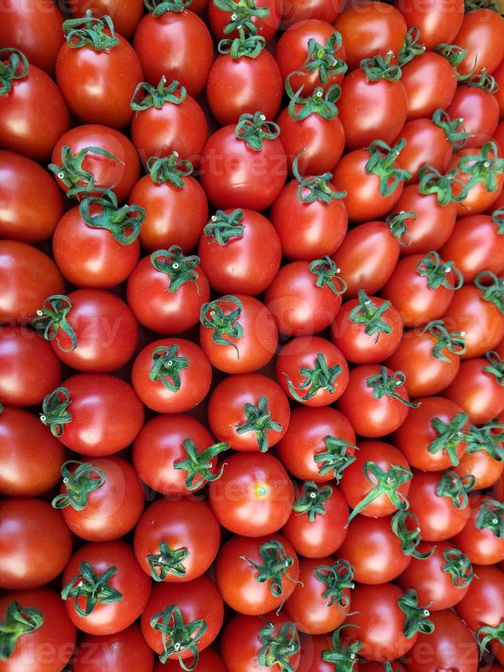 achtergrond van kers tomaten in een doos klaar voor levering naar de markt foto