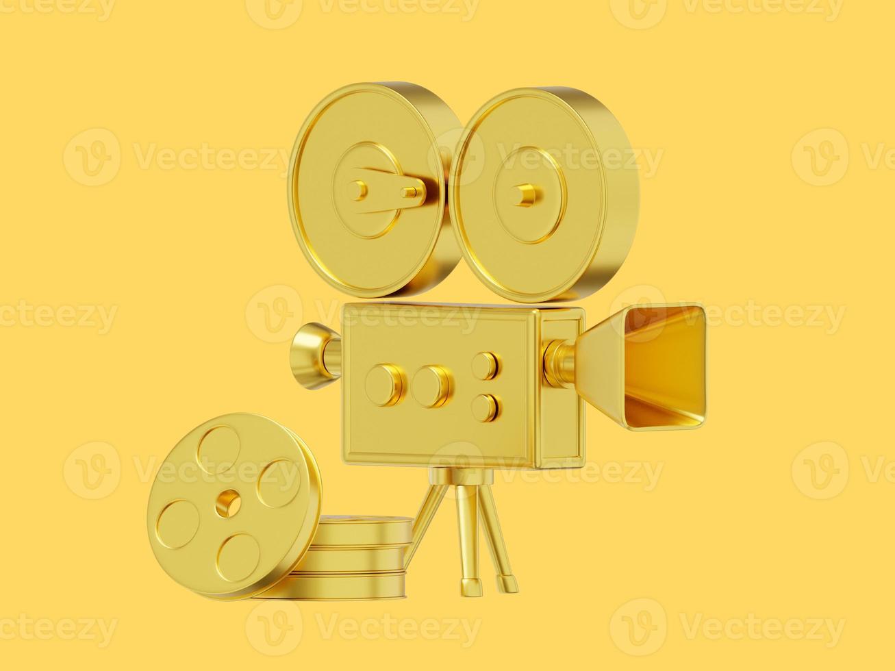 wijnoogst goud tekenfilm stijl film camera. grappig retro video camera. 3d weergave. icoon Aan geel achtergrond foto