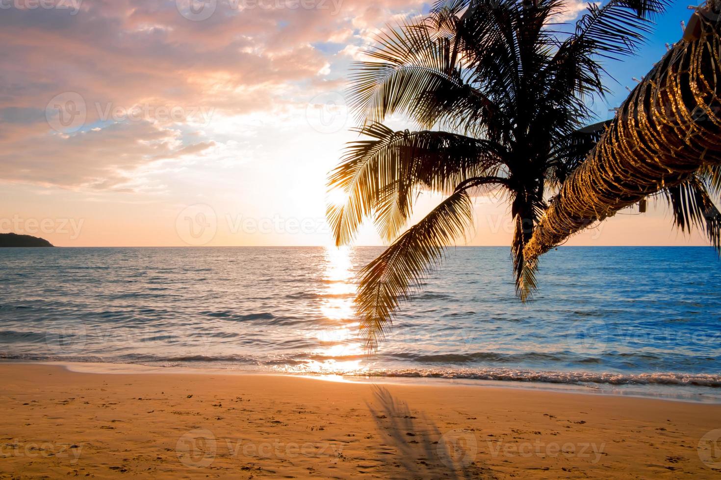 prachtige zonsondergang tropisch strand met palmboom en blauwe lucht voor reizen in vakantie ontspannen tijd, fotostijl vintage foto