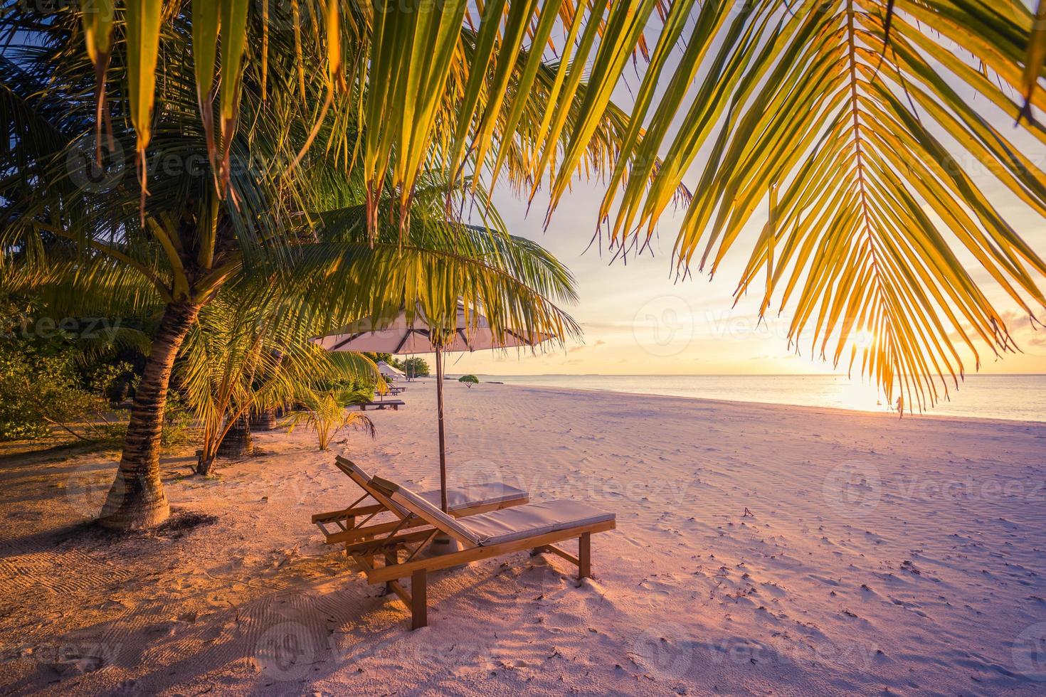 verbazingwekkend vakantie strand. paar stoelen samen door de zee spandoek. zomer romantisch vakantie huwelijksreis concept. tropisch eiland landschap. rustig kust panorama, kom tot rust zand kust horizon, palm bladeren foto