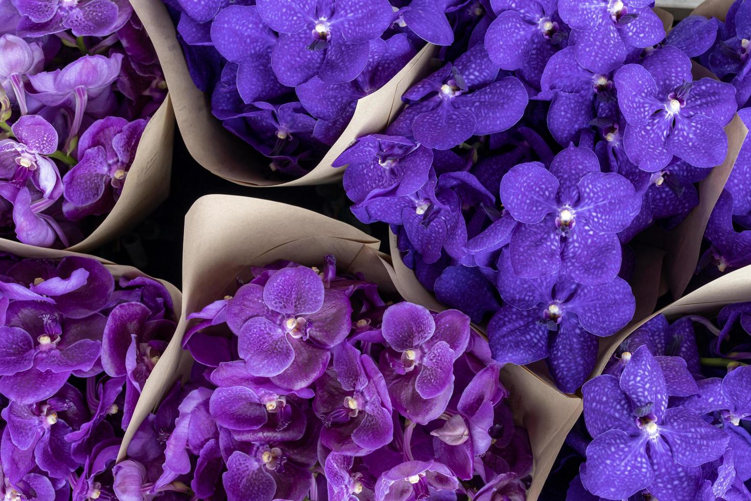 top visie van Purper vanda orchidee bloem in de boeket klaar voor uitverkoop Bij de bloemen winkel voor bloemist en bloem regelen van concept foto