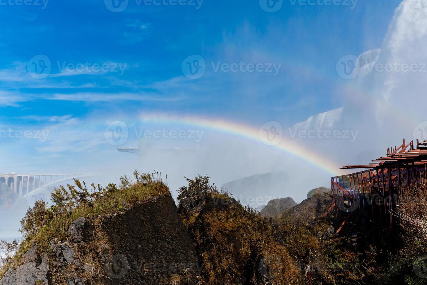 Niagara valt van de Amerikaans en Canadees kanten. regenboog over- de waterval. de meest populair toerist plaats. stormachtig rivier- dat stromen in de meer. foto