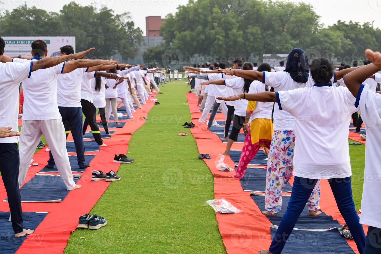 groep yoga oefening sessie voor mensen van verschillend leeftijd groepen Bij krekel stadion in Delhi Aan Internationale yoga dag, groot groep van volwassenen Bijwonen yoga sessie foto