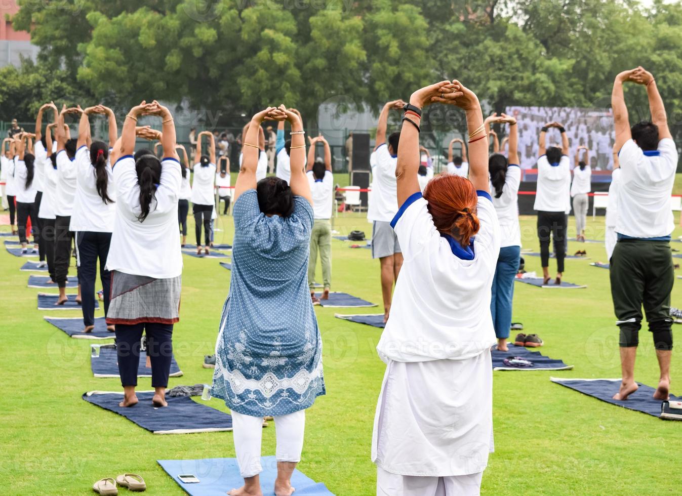 groep yoga oefening sessie voor mensen van verschillend leeftijd groepen Bij krekel stadion in Delhi Aan Internationale yoga dag, groot groep van volwassenen Bijwonen yoga sessie foto