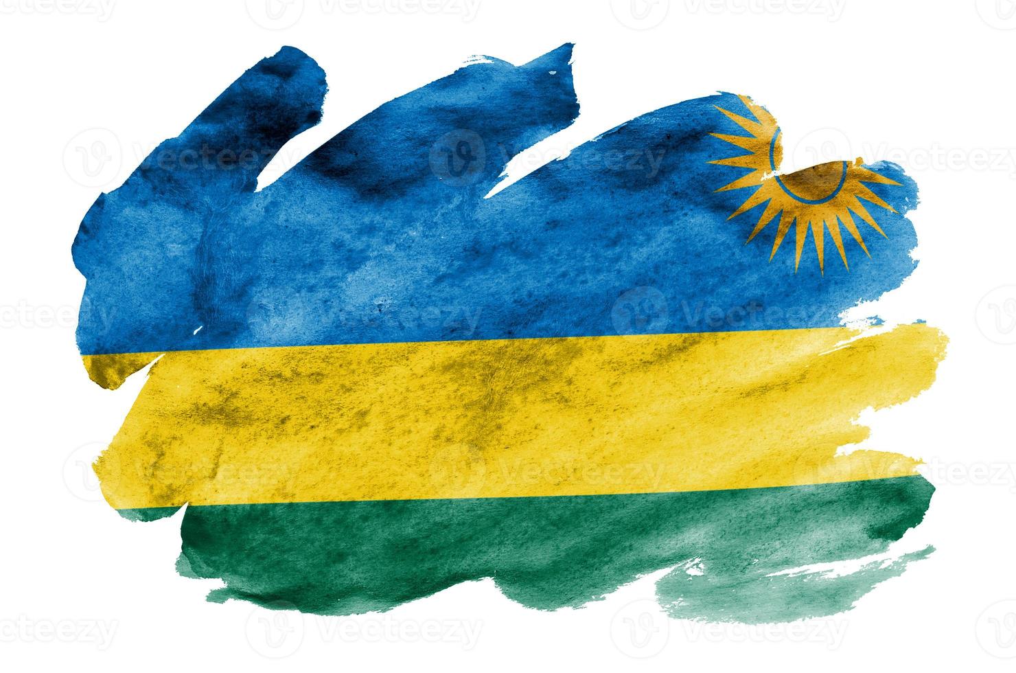 rwanda vlag is afgebeeld in vloeistof waterverf stijl geïsoleerd Aan wit achtergrond foto