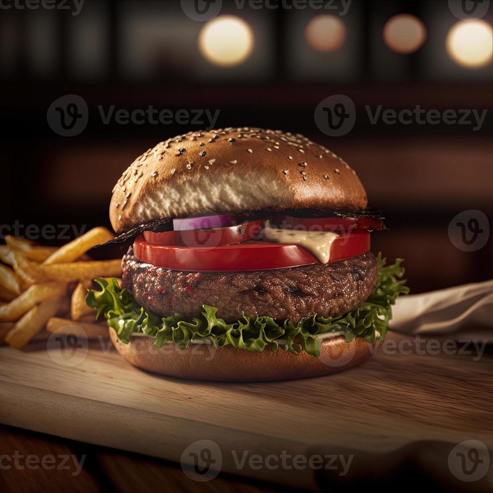 heerlijk eigengemaakt steakburger Aan een oud houten tafel. dik ongezond voedsel detailopname. foto