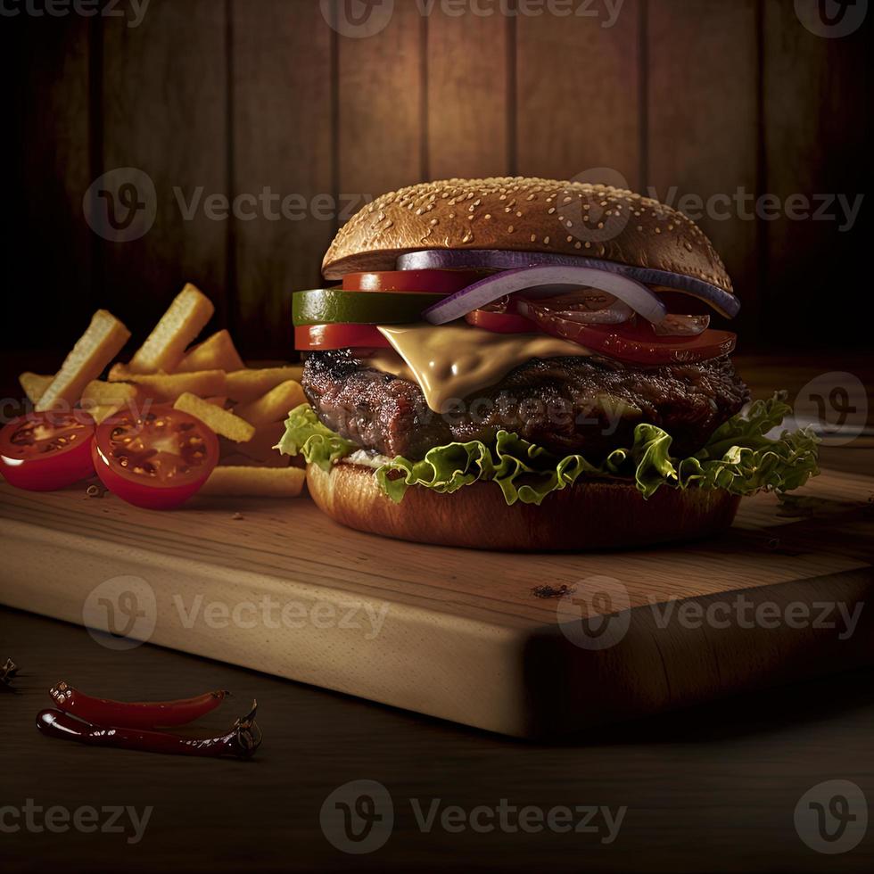 heerlijk eigengemaakt steakburger Aan een oud houten tafel. dik ongezond voedsel detailopname. foto