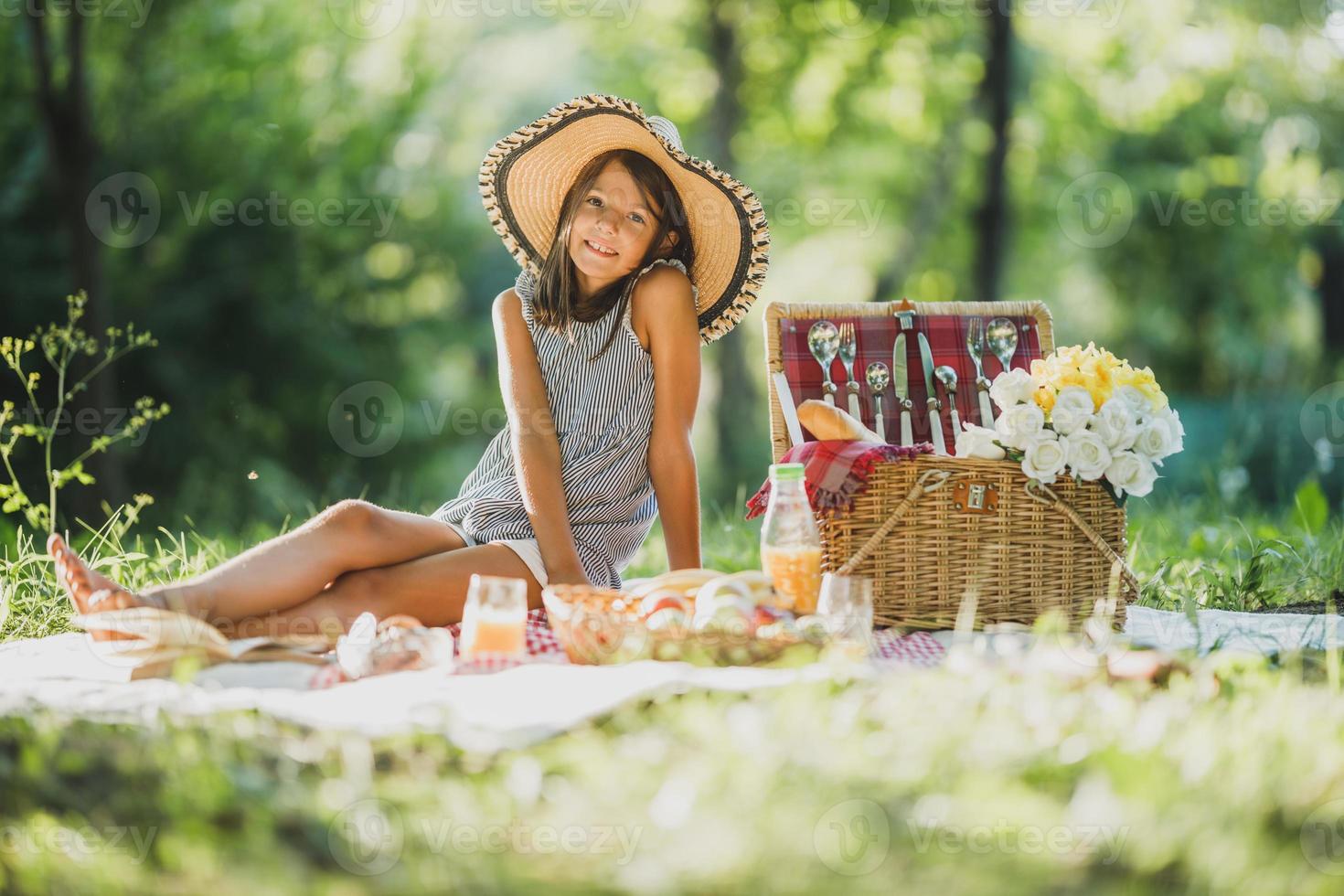 weinig meisje genieten van dag in natuur Aan picknick foto