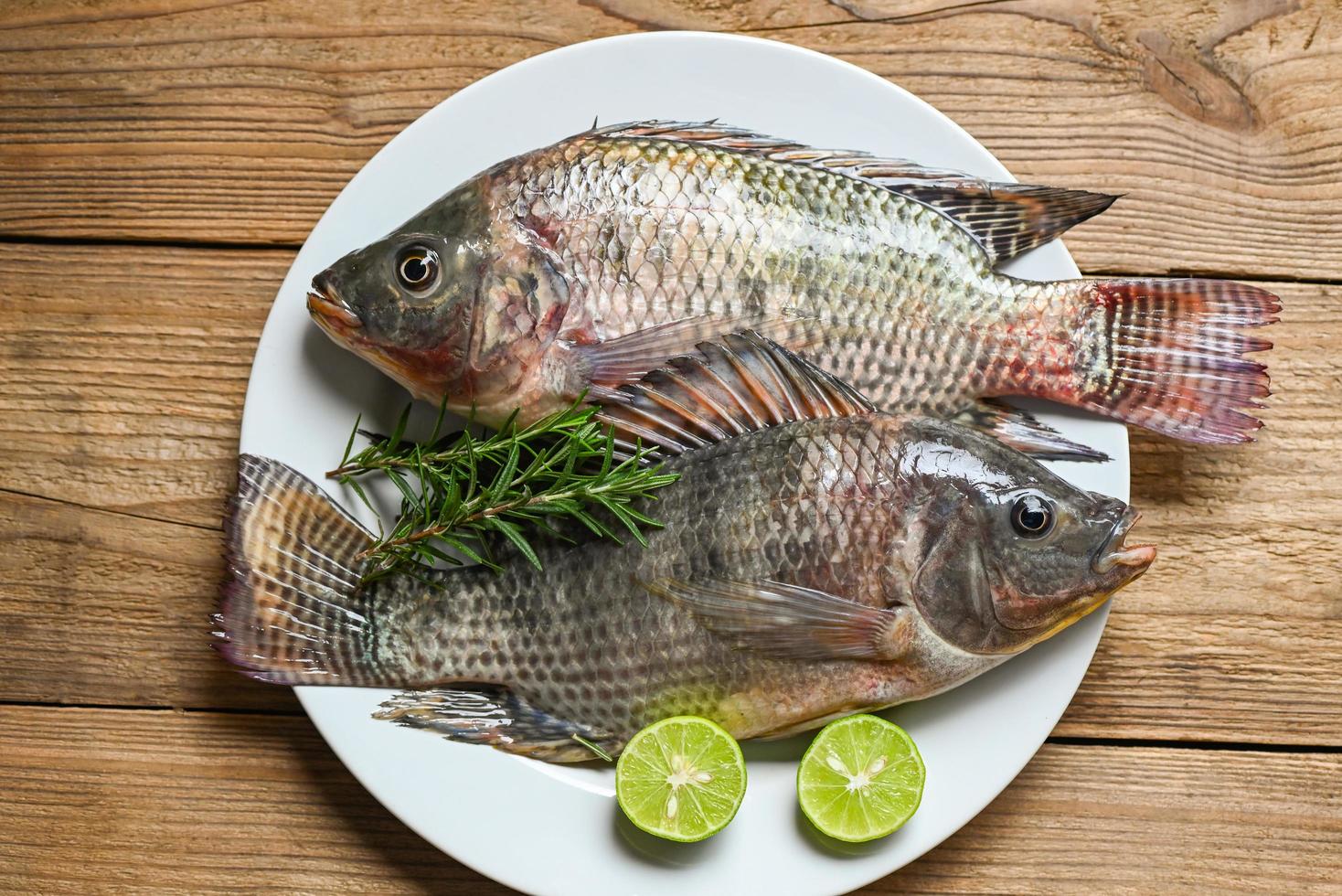 vers rauw tilapia vis van de tilapia boerderij, tilapia met wit bord met rozemarijn citroen limoen Aan houten achtergrond foto