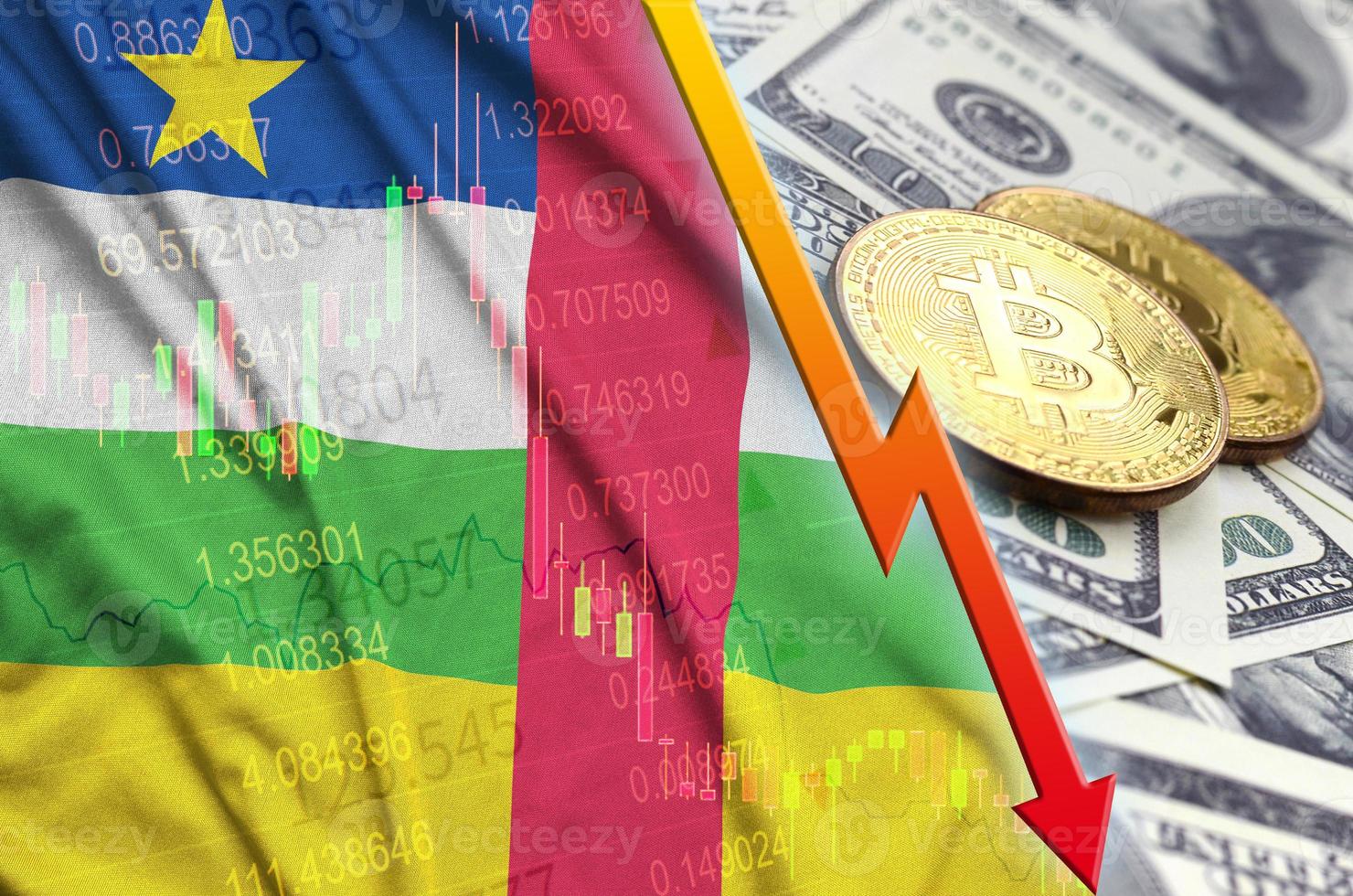 centraal Afrikaanse republiek vlag en cryptogeld vallend neiging met twee bitcoins Aan dollar rekeningen foto