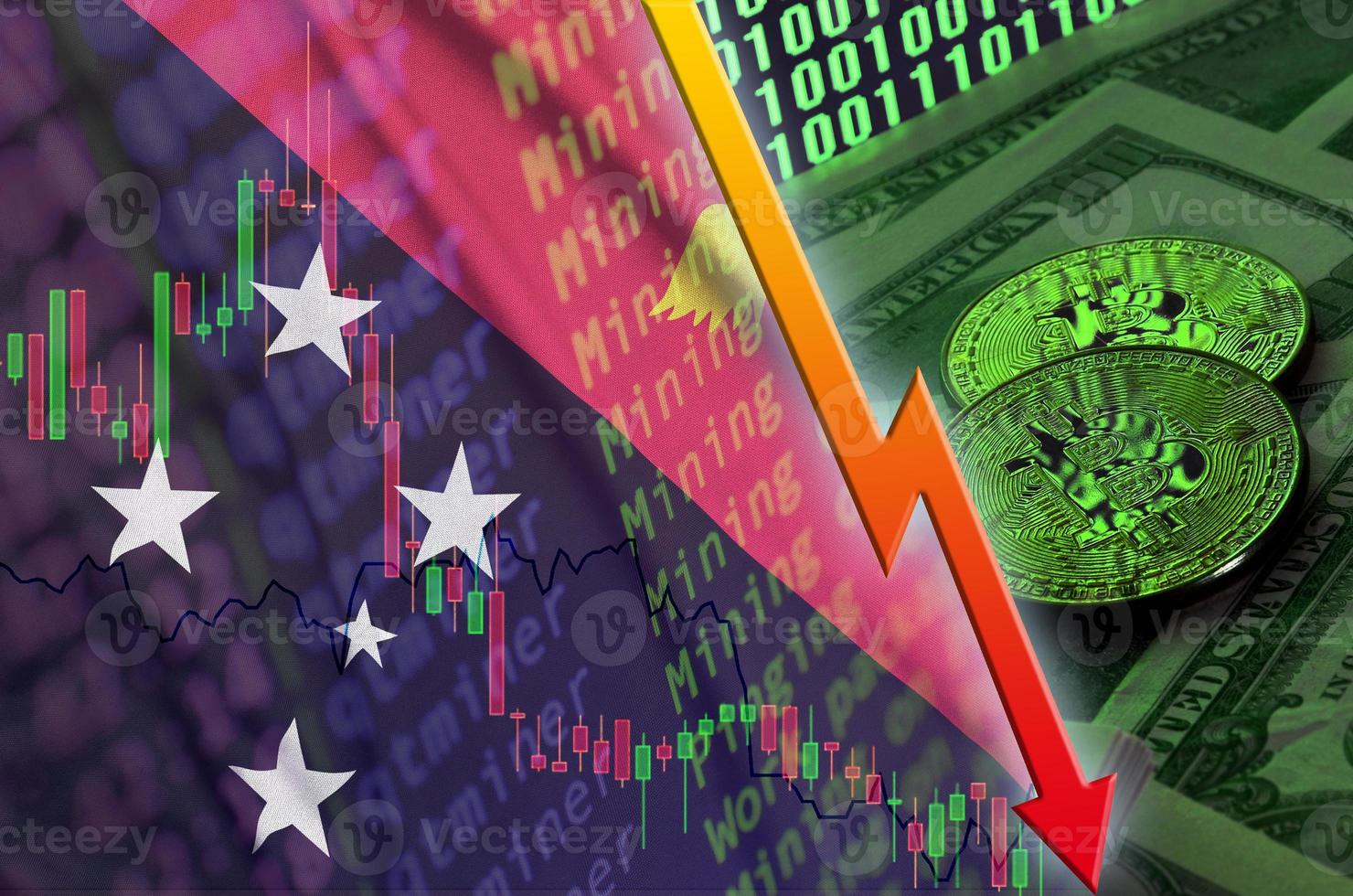 Papoea nieuw Guinea vlag en cryptogeld vallend neiging met twee bitcoins Aan dollar rekeningen en binair code Scherm foto