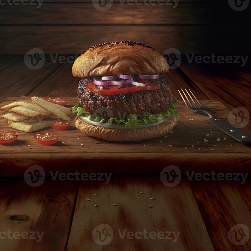 heerlijk eigengemaakt steakburger Aan een oud houten tafel. dik ongezond voedsel detailopname. foto