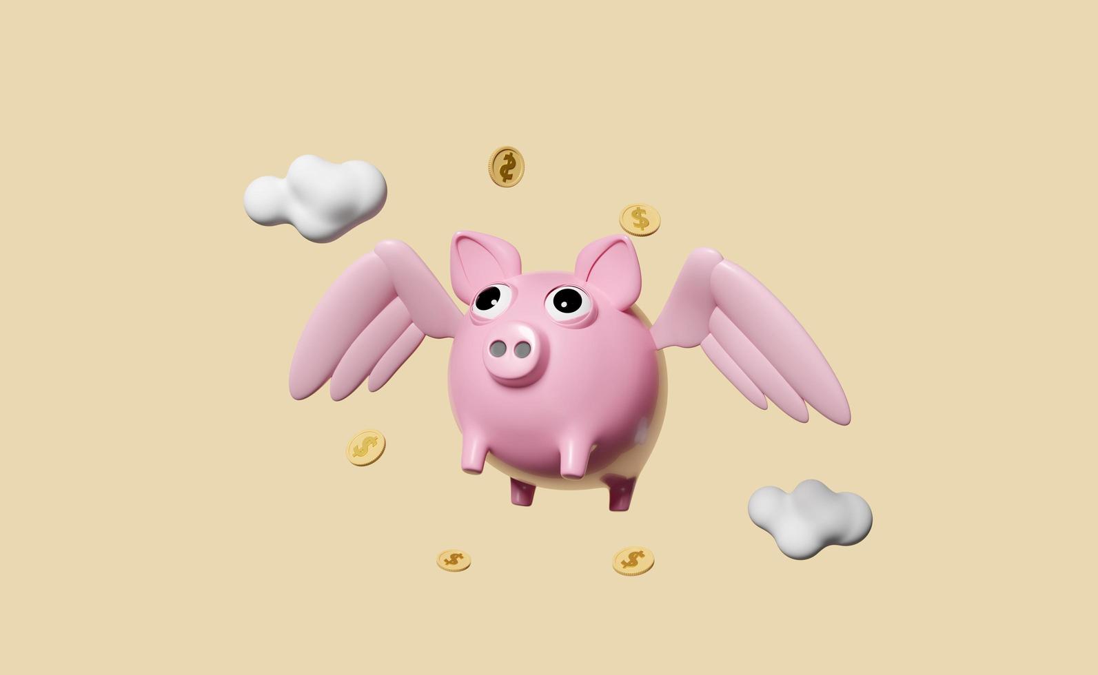 roze varkentje bank 3d met Vleugels, vlotter munten, wolk geïsoleerd Aan beige achtergrond. besparing geld, lening goedkeuring, bedrijf bankieren, investering concept, 3d geven illustratie foto