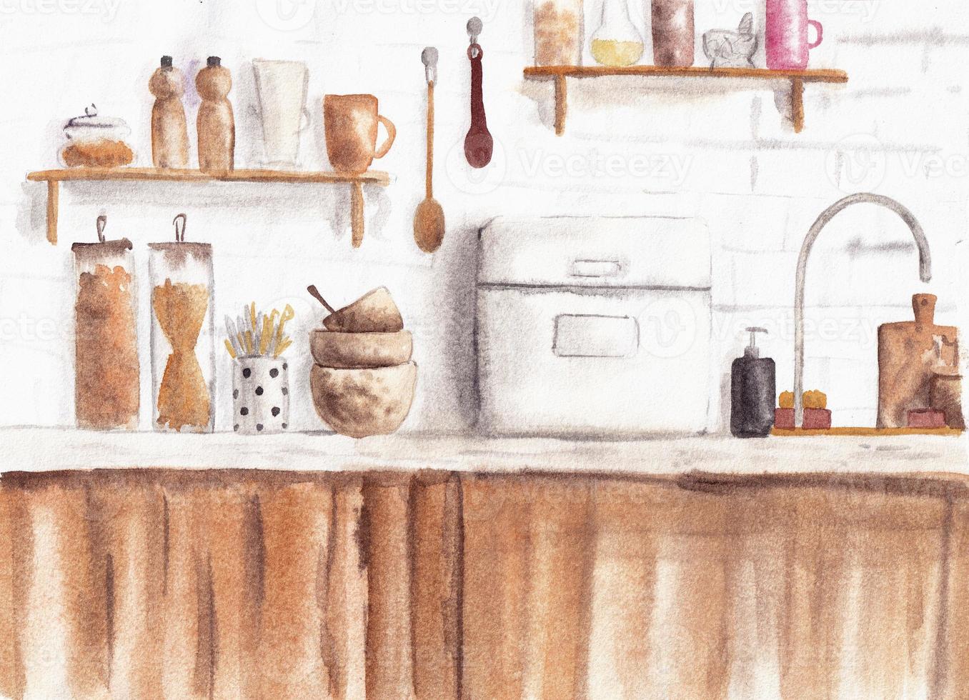 wit en bruin keuken teller waterverf illustratie foto