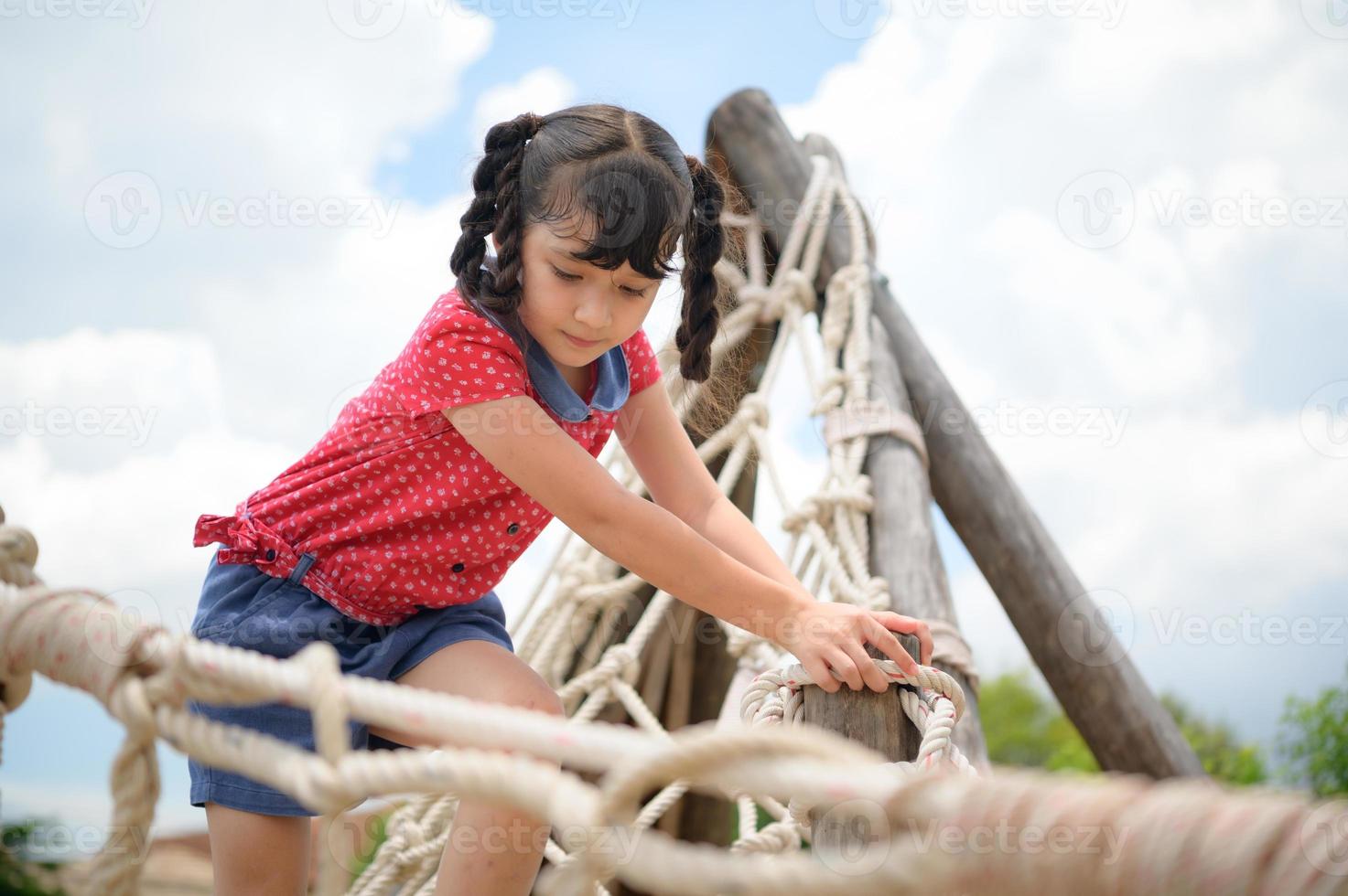 een weinig meisje hebben pret swinging Aan een schommel Aan een Doorzichtig dag foto