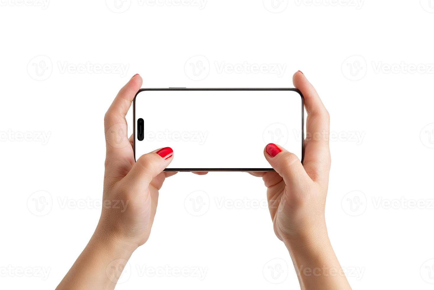 vrouw handen Holding telefoon in horizontaal positie. geïsoleerd scherm voor spelen spellen mobiel mockup foto