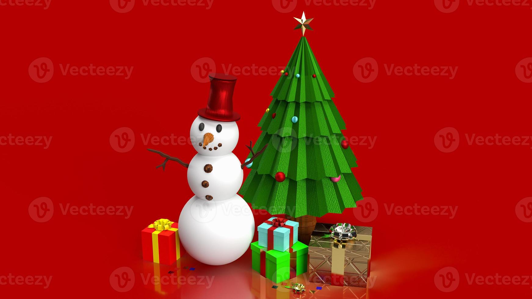 de sneeuwman en Kerstmis boom Aan rood achtergrond 3d renderen foto