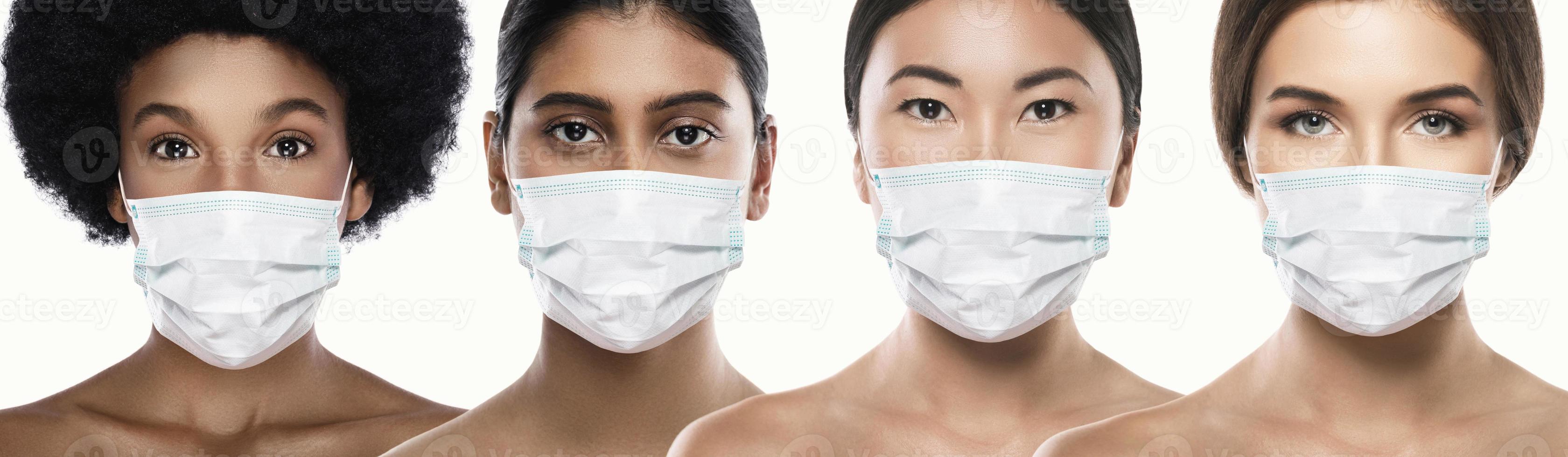 verschillend etniciteit Dames vervelend gezicht masker voor bescherming van nieuw coronavirus ziekte foto