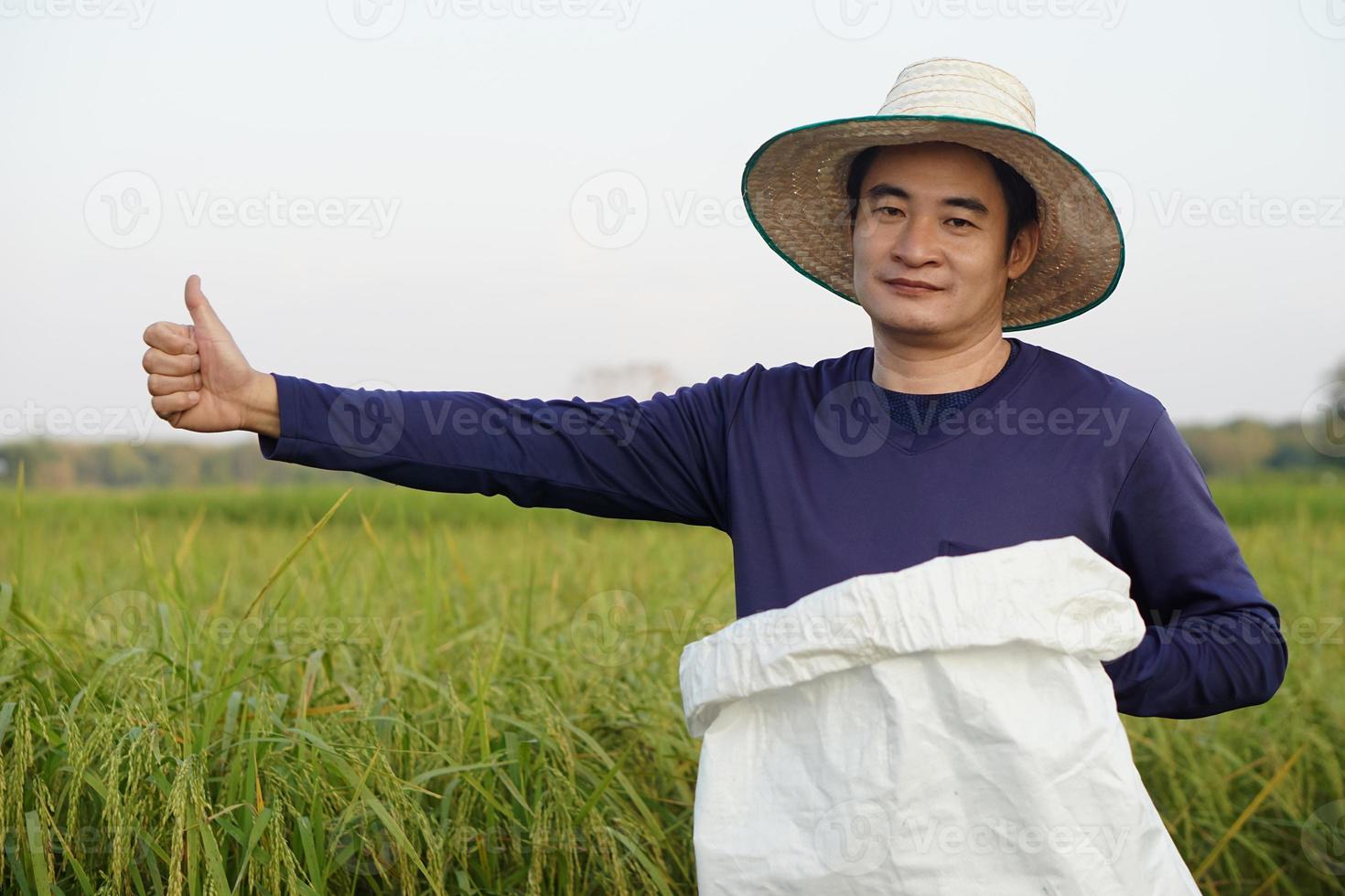 knap Aziatisch Mens boer is Bij rijstveld veld, draagt hoed, houdt wit zak van biologisch kunstmest, duimen omhoog, zelfverzekerd. concept, boer tevreden in Product voor landbouw gewassen. foto