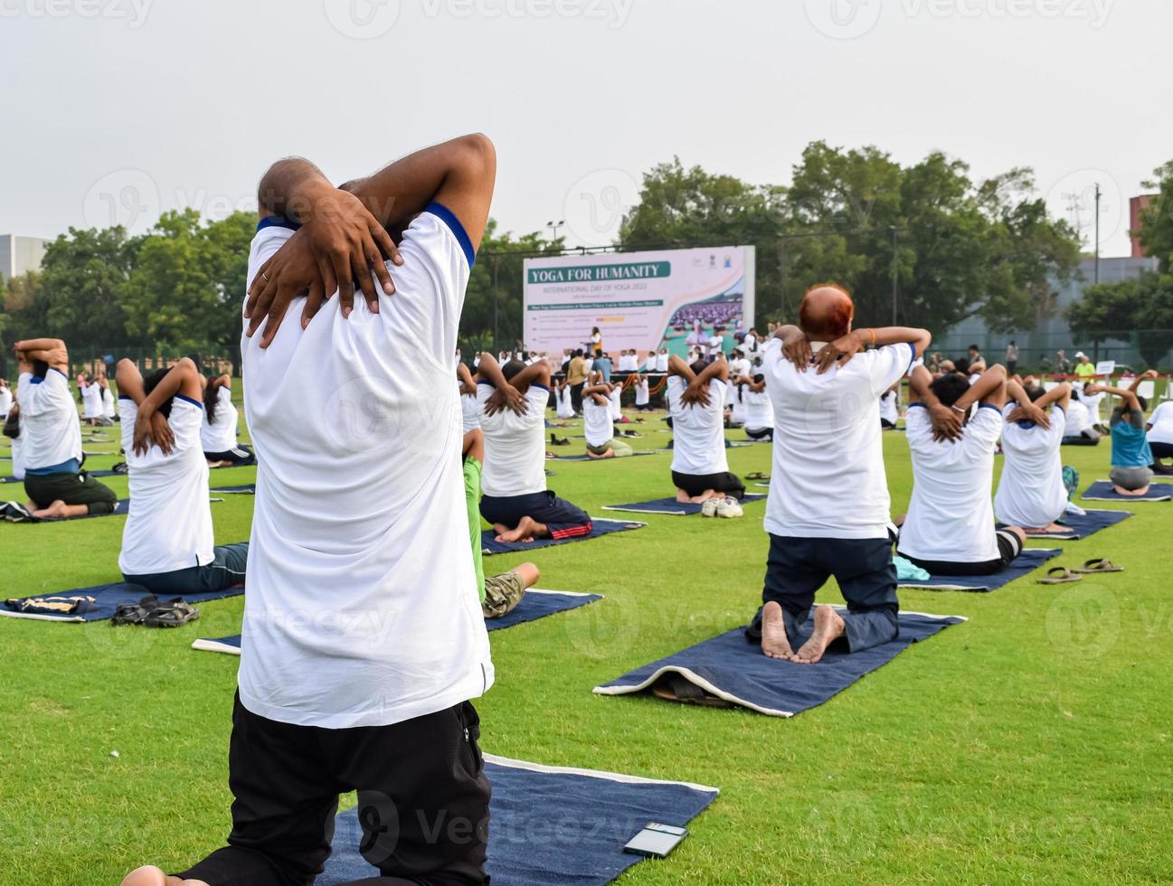 groep yoga oefening sessie voor mensen van verschillend leeftijd groepen Bij krekel stadion in Delhi Aan Internationale yoga dag, groot groep van volwassenen Bijwonen yoga sessie foto