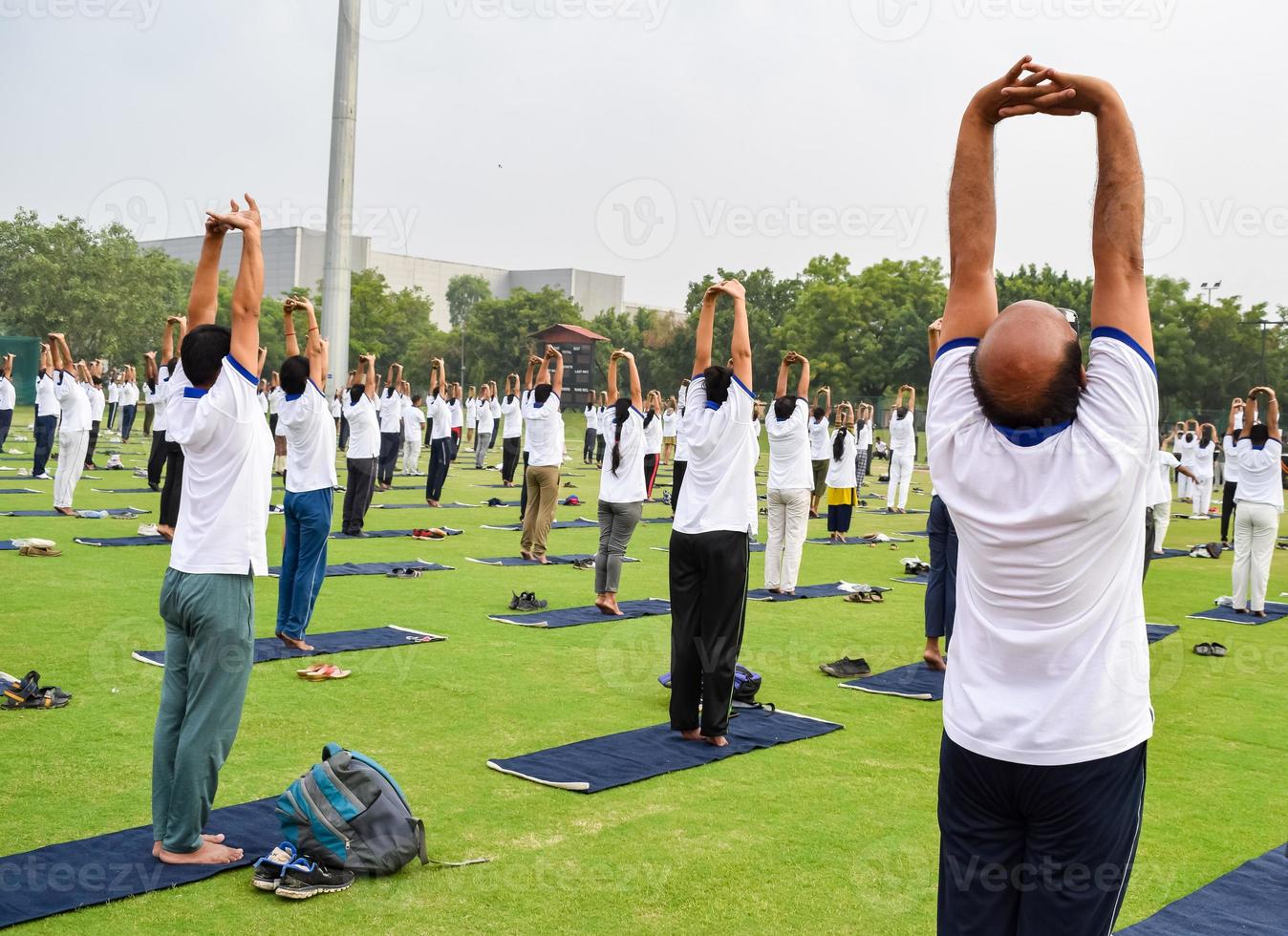 groep yoga oefening sessie voor mensen van verschillend leeftijd groepen Bij krekel stadion in Delhi Aan Internationale yoga dag, groot groep van volwassenen Bijwonen yoga sessie foto