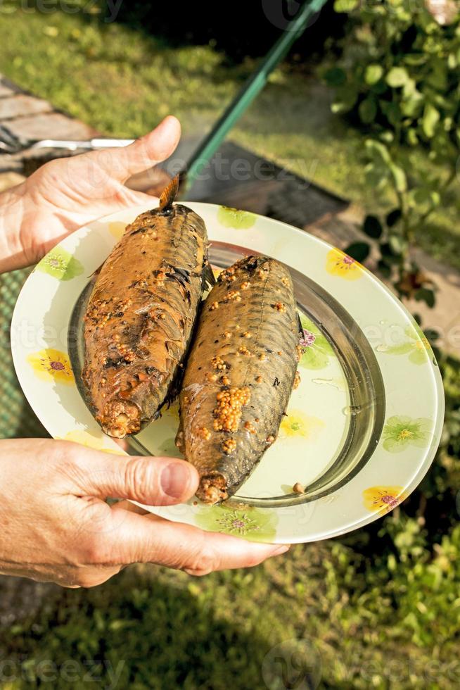 de handen van een middelbare leeftijd vrouw houden een schotel met heet gerookt makreel vis. de vis is klaar. de werkwijze van Koken heet gerookt makreel foto