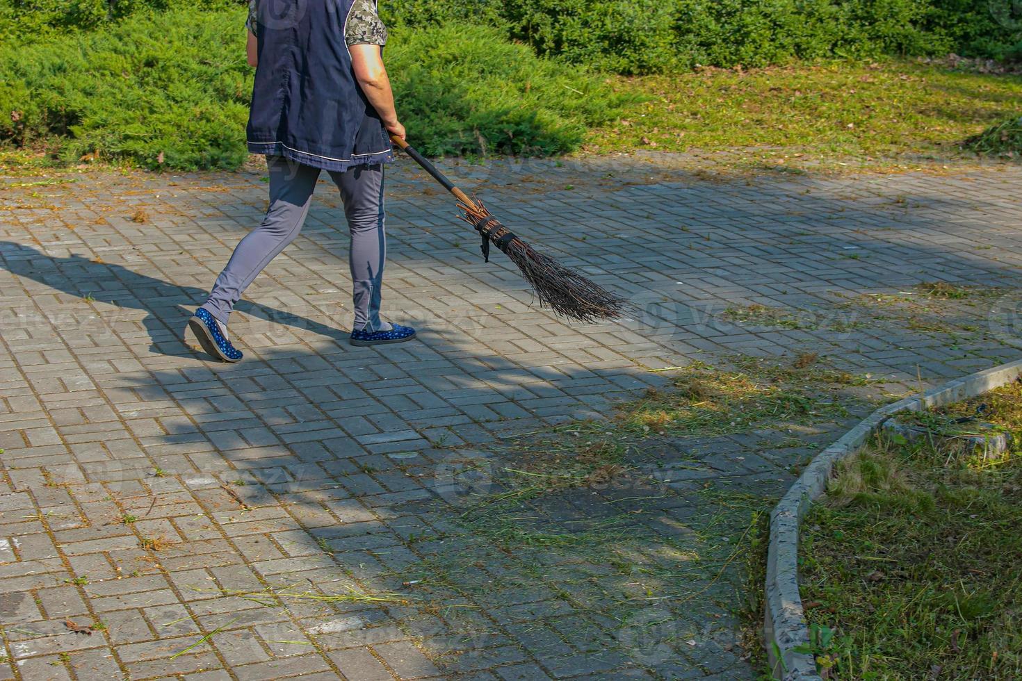 een vrouw veegt gedaald bladeren met een bezem Aan de straat. de gemeentelijk onderhoud monitoren de netheid in de stad. foto