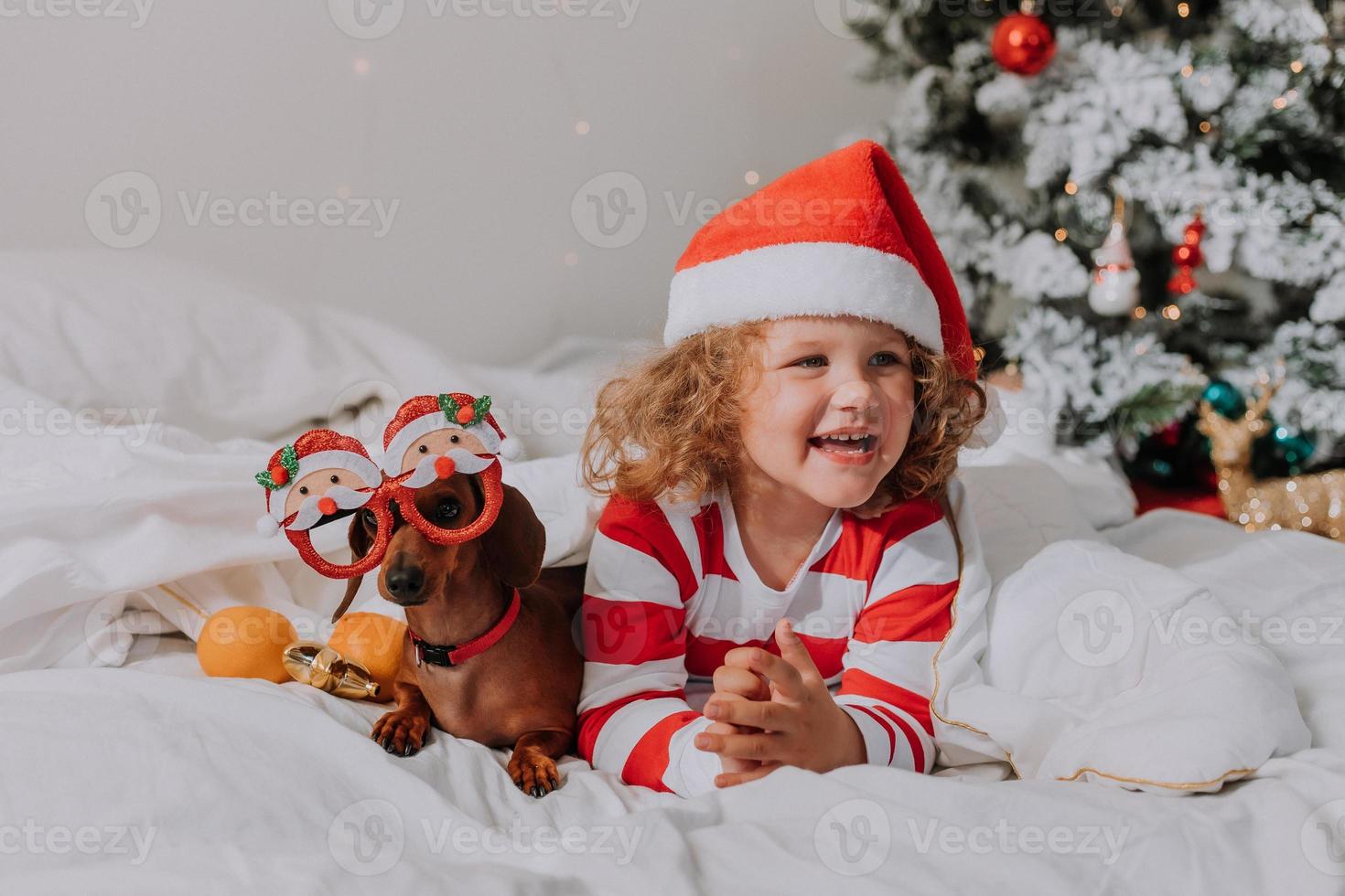 weinig meisje in gestreept pyjama en een de kerstman hoed en hond in grappig bril met de kerstman claus zijn aan het liegen in bed Aan een wit vel tegen de achtergrond van Kerstmis boom. ruimte voor tekst. hoog kwaliteit foto
