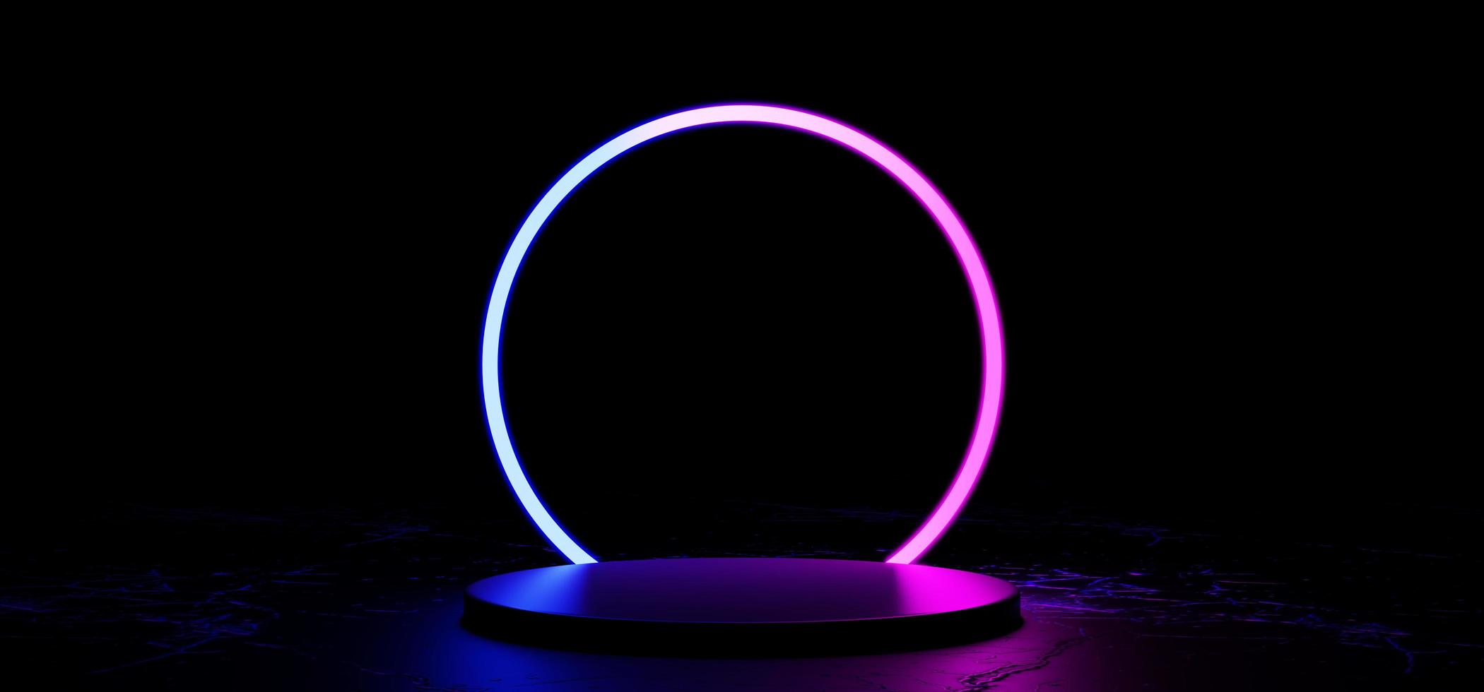 roze en blauw neon licht Product achtergrond fase. de gloeiend ronde vorm bovenstaand een leeg mode podium. 3d weergave. foto