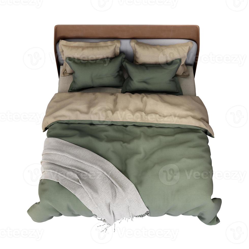 3d meubilair bruin groen kleding stof dubbele bed geïsoleerd Aan een wit achtergrond, decoratie ontwerp voor slaapkamer foto