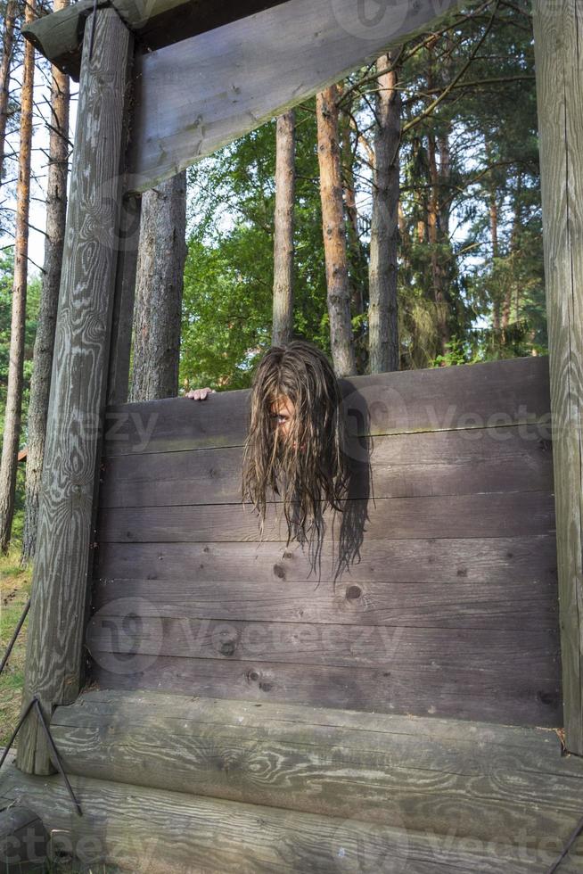 de hoofd van een meisje met lang verward haar- geklemd in een guillotine, een tafereel van een middeleeuws uitvoering, een zin foto