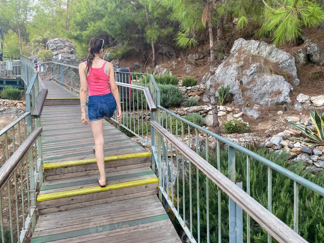 een meisje klimt omhoog de stappen van een houten trappenhuis in een rotsachtig bergachtig Oppervlakte, een eco-parcours toerist in een warm tropisch oostelijk land zuidelijk toevlucht. visie van de terug foto