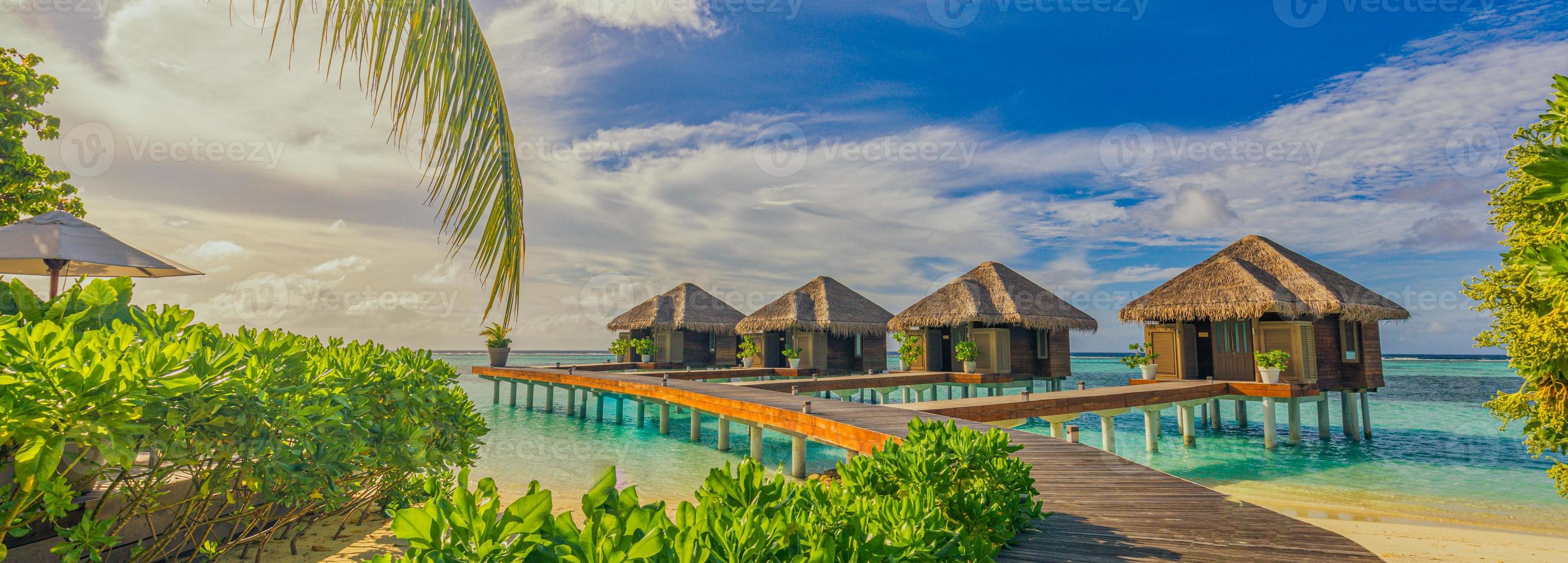 luxe toevlucht water villa's houten pier traject en palm boom bladeren over- wit zand, dichtbij naar blauw zee, zeegezicht. strand spandoek. zomer panorama, vakantie vakantie, strand toevlucht tropisch eiland foto