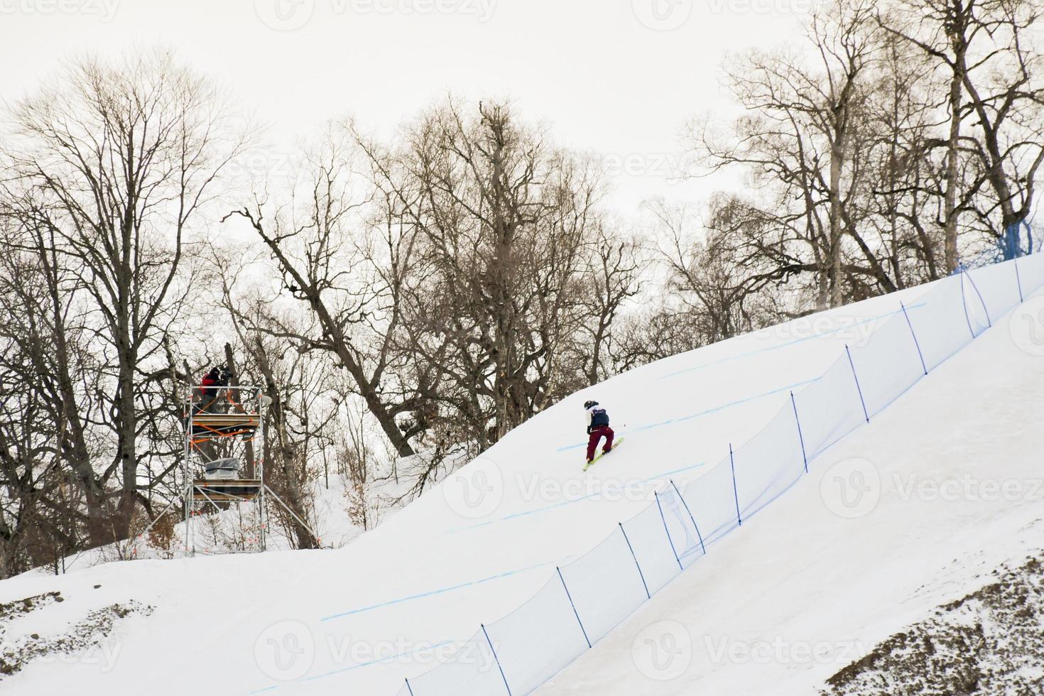 bakuriaan, Georgië , 2022 - vrije stijl skiën wereld wedstrijd . skiër Gaan naar beneden helling in ski wedstrijd foto