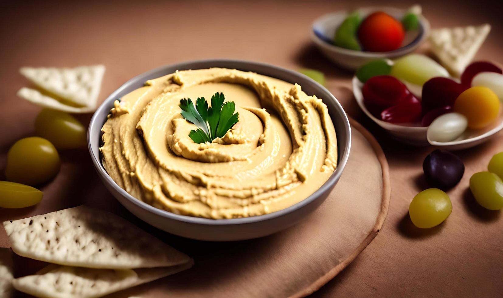 gezond voedsel. traditioneel vers gemaakt biologisch hummus. foto