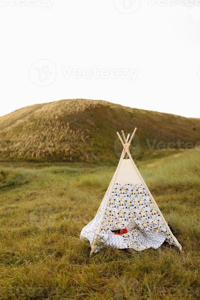 kinderen sets voor spelen in de park. wigwam met kussens in natuur foto