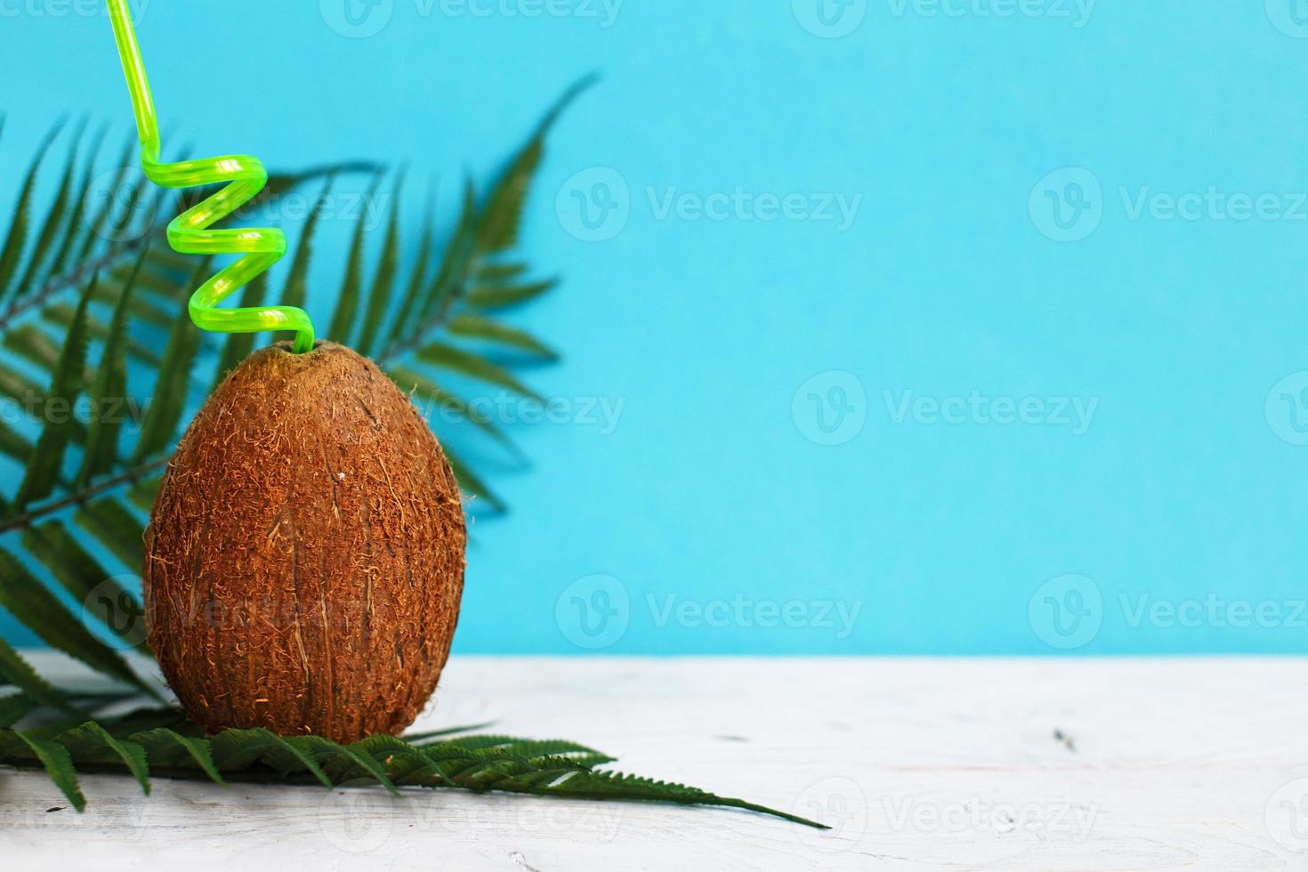 Melancholie Yoghurt overdrijving een kokosnoot met rietje Aan blauw achtergrond. zomer en trave concept.  kopiëren ruimte 14908338 Stockfoto