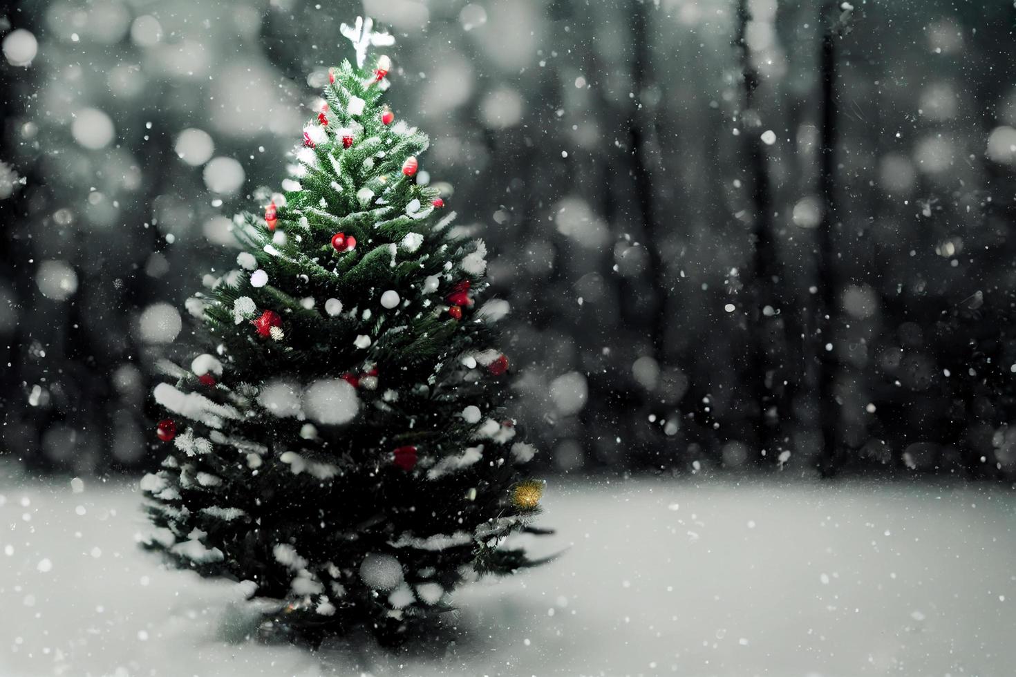 abstract wazig bokeh achtergrond van Kerstmis boom met sneeuw en kopiëren ruimte, vakantie en viering concept foto
