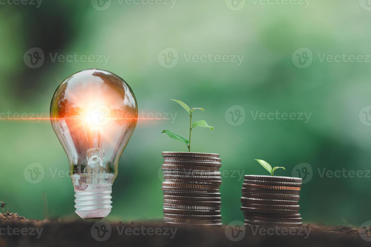 alternatief energie, hernieuwbaar energie, besparing energie en financiën, energie voorraad investering, boom groeit omhoog Aan stack munt en gloeilamp Aan bodem. elektriciteit energie bron voor eco omgeving. foto