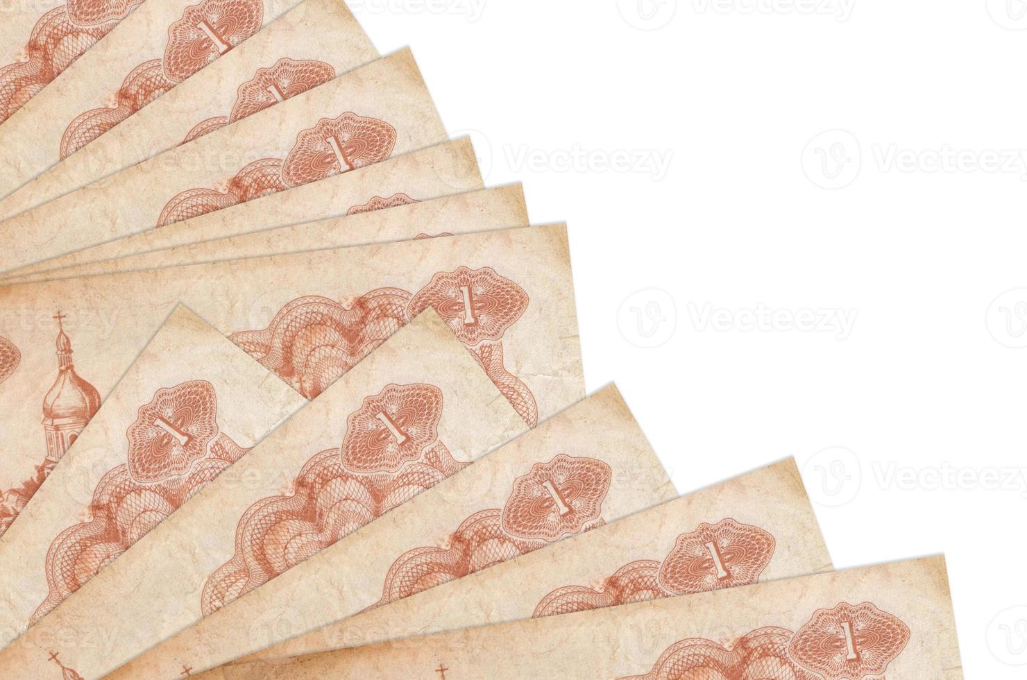 1 oekraïens coupon rekeningen leugens geïsoleerd Aan wit achtergrond met kopiëren ruimte gestapeld in ventilator dichtbij omhoog foto