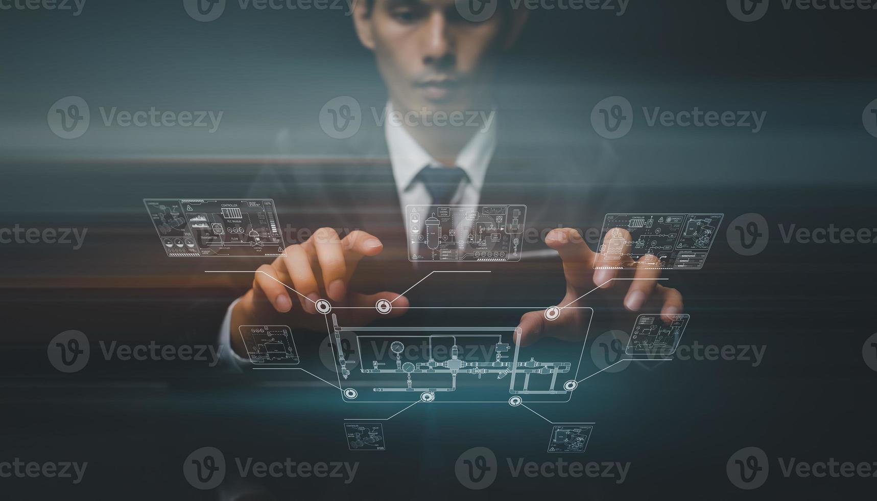 leidingen en instrument diagram systeem controle personeel ingenieurs zijn inspecteren fabricage processen werken in industrie holografische schermen tonen divers leidingen en controle systemen binnen de fabriek foto