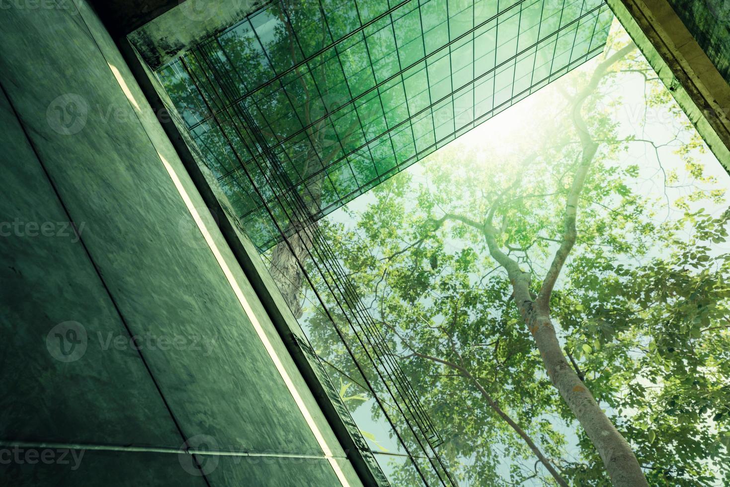 duurzaam groen gebouw. milieuvriendelijk gebouw in modern stad. duurzame glas kantoor gebouw met boom voor verminderen koolstof dioxide. kantoor met groen omgeving. zakelijke gebouw verminderen co2. foto