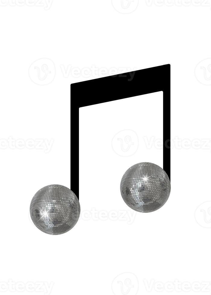 musical Notitie en disco bal Aan wit achtergrond foto